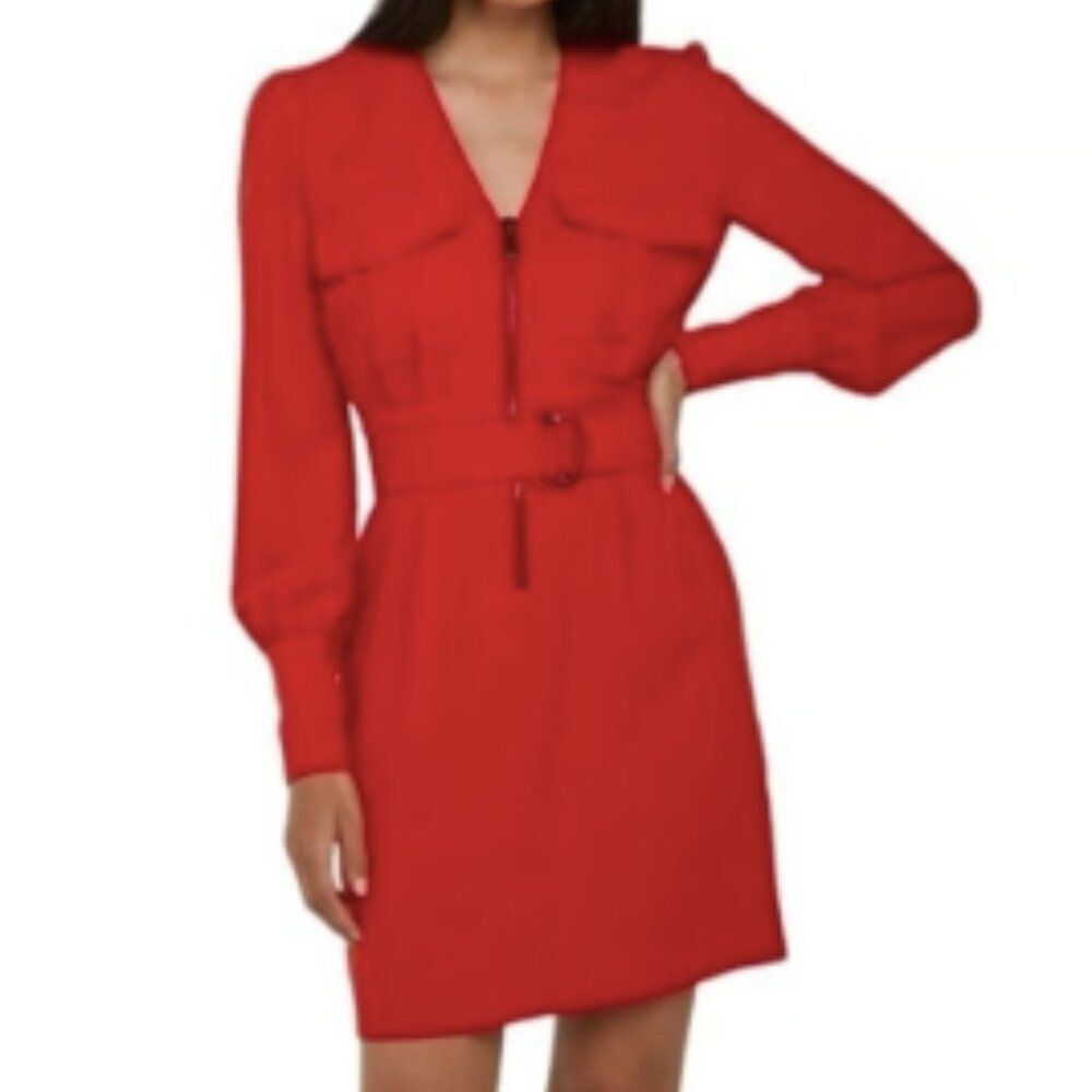 NEW Pinko Red Capeta V-Neck Belted Front Zip Long Sleeve Crepe Mini Dress Size 4